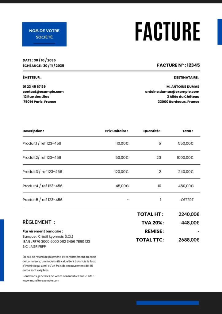 Facture pdf et Word gratuite : modèle à personnaliser et à télécharger